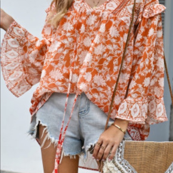 •L• Fall Rustic Boho Peasant Flower Tunic New - Picture 4 of 8